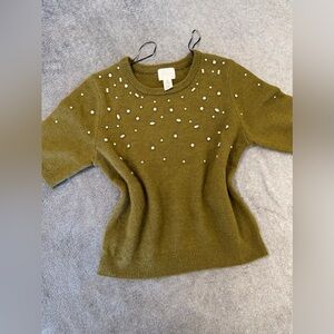 Olive Green Sweater with Crystal Accents